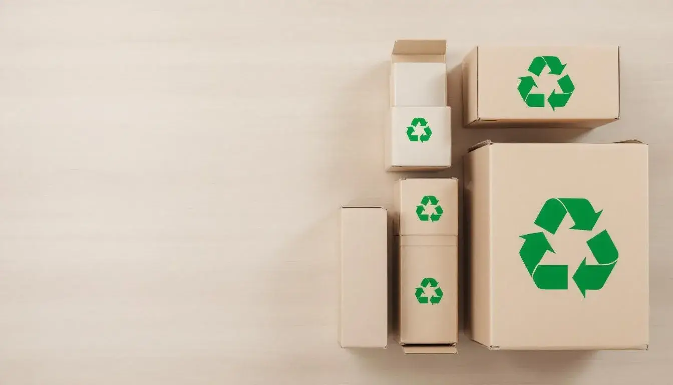 The image depicts several packaging boxes prominently featuring the recycle logo, symbolizing a commitment to sustainable packaging practices. These eco-friendly boxes represent a shift towards using recycled materials and reducing packaging waste in various industries, aligning with the growing consumer demand for sustainable solutions.