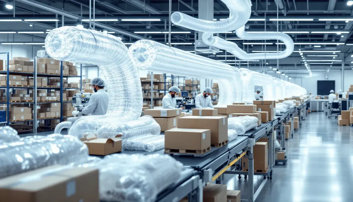 A professional packaging facility is depicted, showcasing advanced air-filled cushioning systems designed for safe returns of sensitive IT assets. The environment emphasizes secure packaging solutions for laptop return services, ensuring data protection and compliance during the delivery process.