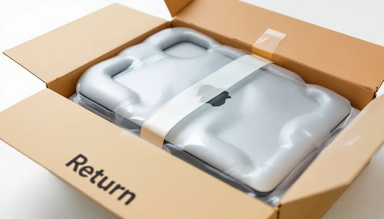 The image features modern laptop return packaging designed for secure shipping, showcasing protective air-filled cushioning that ensures safe transport for returned laptops. This efficient packaging supports remote employees and organizations in managing laptop returns while minimizing security risks associated with sensitive data.