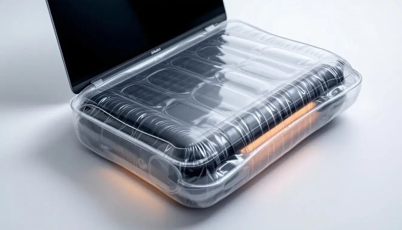 An air-filled packaging system surrounds laptops, providing custom cushioning to protect them during transportation, showcasing effective reverse logistics solutions. This sustainable approach reduces waste and enhances customer satisfaction by ensuring safe delivery of electronic devices.