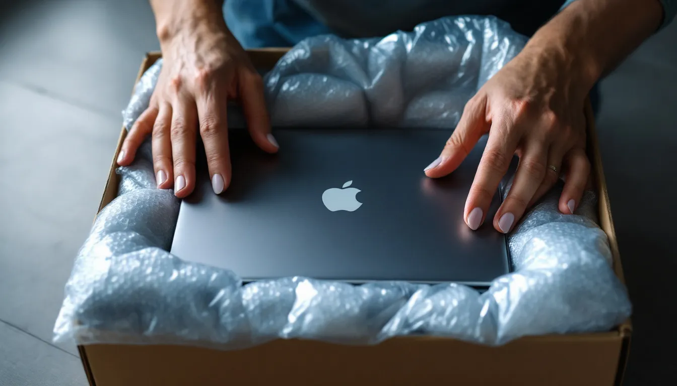 A laptop is being carefully packed with air-filled protective cushioning to ensure safe shipping, highlighting the importance of managing returns in e-commerce. This process enhances customer satisfaction and is a key feature of an effective returns management solution.