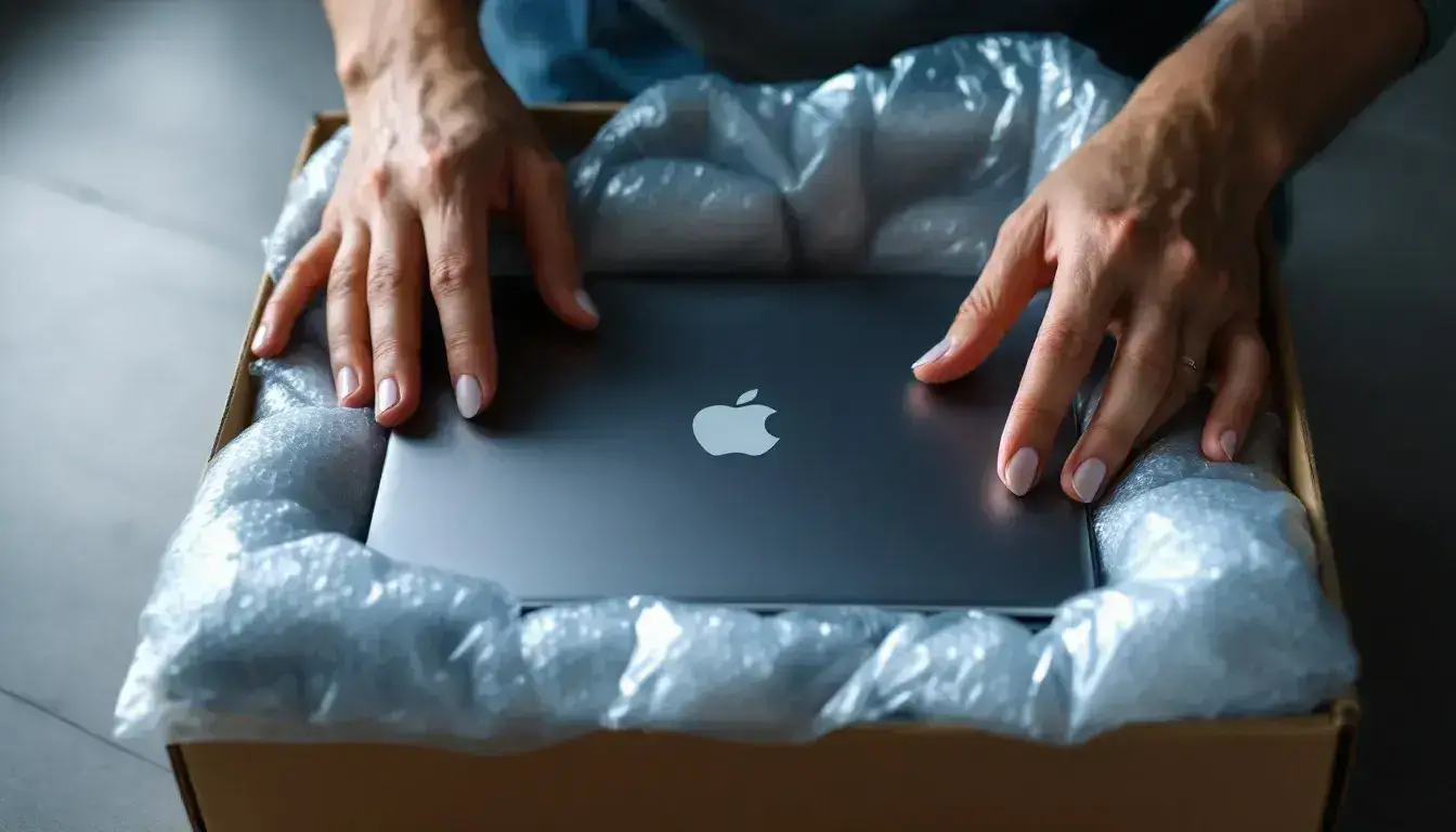 A laptop is being carefully packed with air-filled protective cushioning to ensure safe shipping, highlighting the importance of managing returns in e-commerce. This process enhances customer satisfaction and is a key feature of an effective returns management solution.