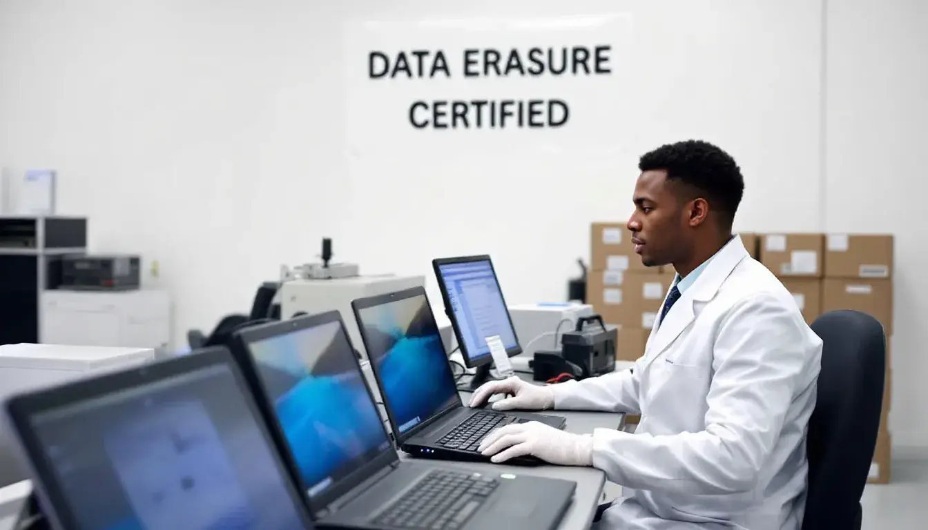 In a certified processing facility, a technician is diligently performing secure data erasure on returned laptops, ensuring data security and compliance with sustainability efforts. This step is part of the reverse logistics process, aimed at optimizing operational efficiency and enhancing customer satisfaction through responsible handling of electronic waste.