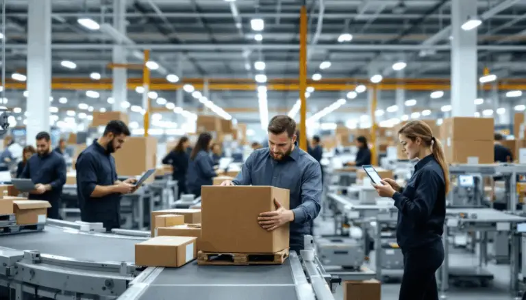 In a modern fulfillment center, a dedicated team is efficiently managing the returns process for laptops, utilizing a returns management solution to enhance customer satisfaction and streamline inventory management. Their focus on real-time tracking and processing ensures a smooth post-purchase experience for customers.