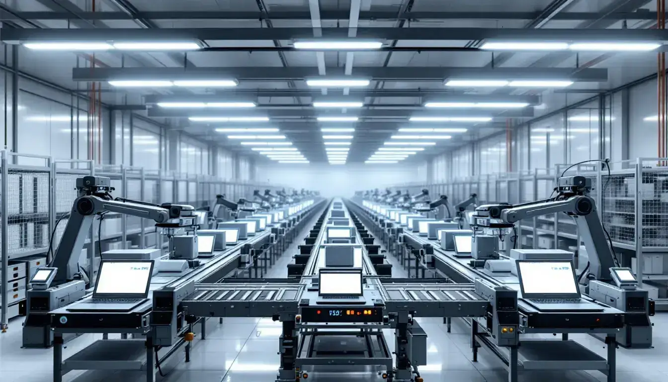 A modern laptop processing facility showcases automated sorting and testing equipment designed for efficient reverse logistics operations. This setup enhances operational efficiency while focusing on sustainability efforts and proper recycling of electronic devices.