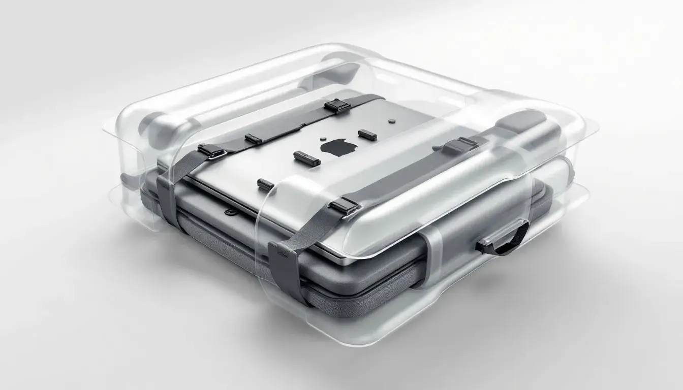 An advanced air-filled packaging system designed for laptop protection is displayed, showcasing its innovative design that ensures safety during transport. This sustainable solution is part of a solid reverse logistics plan, aimed at enhancing customer satisfaction while reducing waste in the supply chain process.