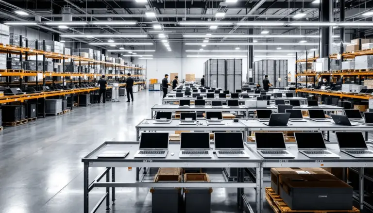 In a modern warehouse, corporate laptops are systematically organized for the reverse logistics process, emphasizing the significance of returns management and sustainability efforts within the supply chain. This scene illustrates a solid reverse logistics plan designed to optimize operational efficiency and enhance customer satisfaction while promoting responsible disposal and recycling of electronic devices.
