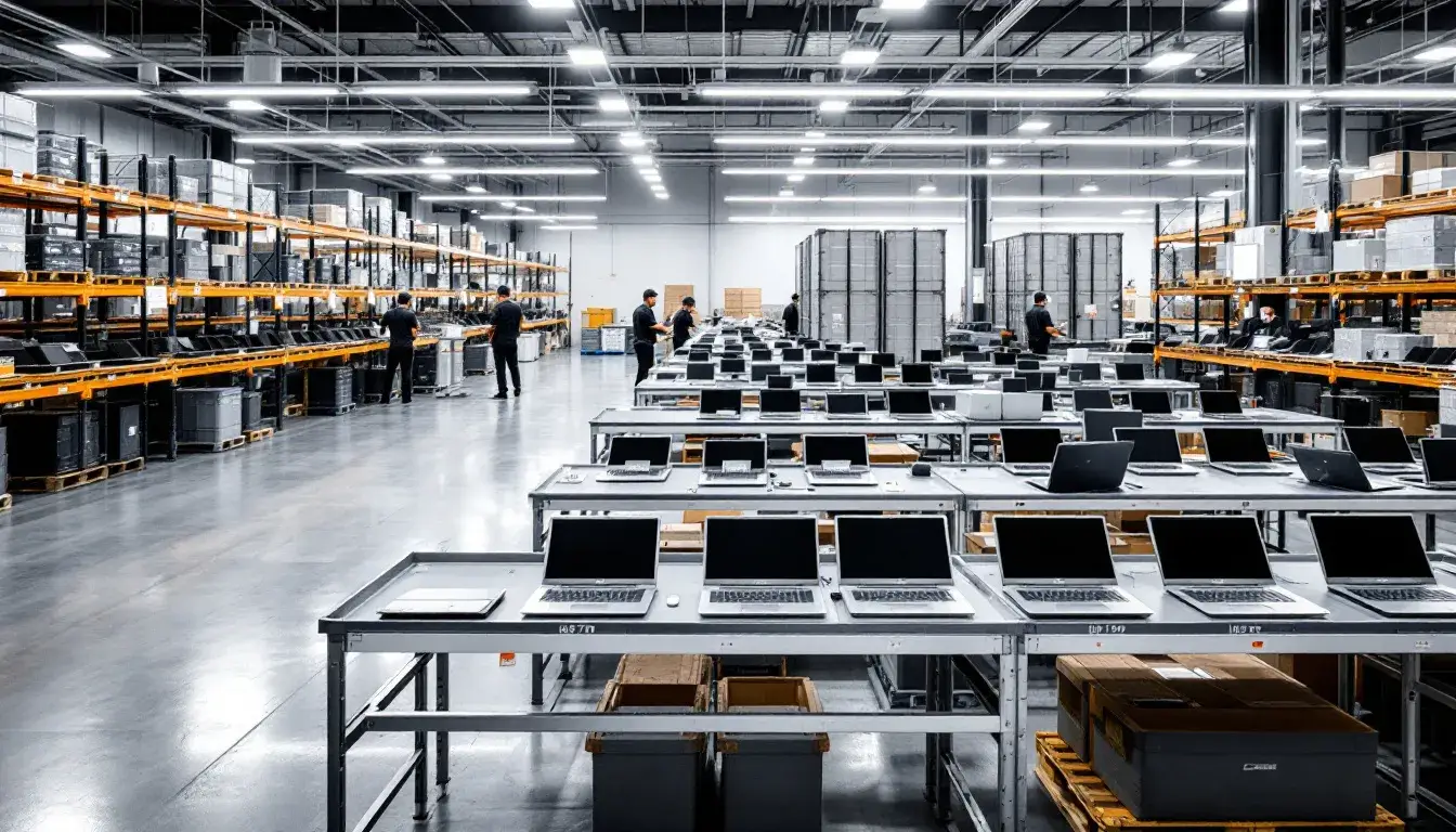 In a modern warehouse, corporate laptops are systematically organized for the reverse logistics process, emphasizing the significance of returns management and sustainability efforts within the supply chain. This scene illustrates a solid reverse logistics plan designed to optimize operational efficiency and enhance customer satisfaction while promoting responsible disposal and recycling of electronic devices.