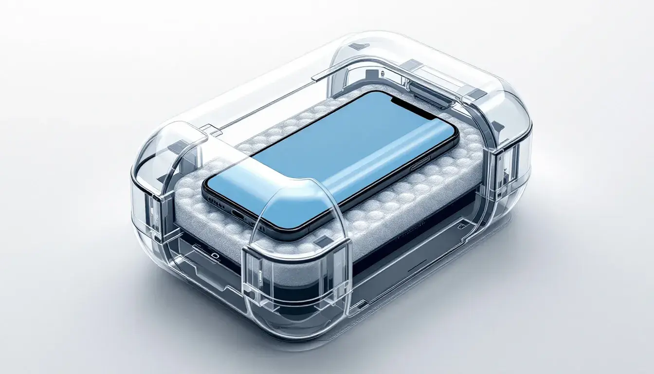 The image depicts an advanced air-filled packaging system designed to protect electronic devices, ensuring secure data protection during the return process for laptops and other IT assets. This system emphasizes hassle-free returns with features like prepaid return labels and secure packaging, ideal for managing laptop returns for remote employees.