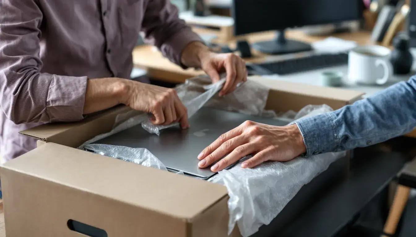 A remote employee is carefully packaging a laptop into a box for return shipment, ensuring that sensitive data is protected and the equipment is ready for the laptop retrieval service. This process is crucial for managing laptop returns and supports compliance with data security standards.