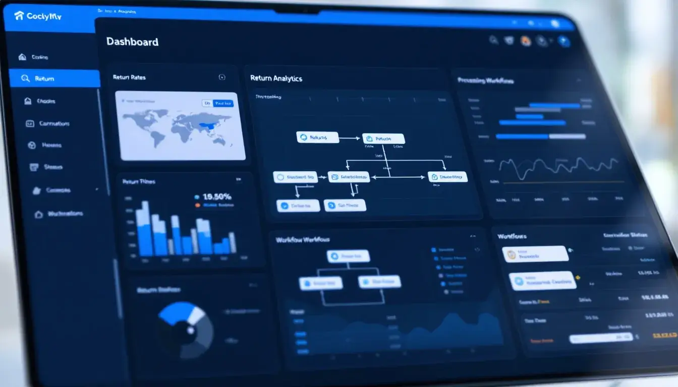 A modern dashboard interface displays return analytics and processing workflows, highlighting key features of a returns management solution that enhances customer satisfaction. The interface includes real-time tracking and valuable insights into the entire returns process, aimed at improving the post-purchase experience for e-commerce businesses.