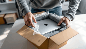 A remote worker is carefully packing a laptop into secure packaging, ensuring it is protected with appropriate shipping materials for a hassle-free return process. This image highlights the importance of data security and proper handling of IT assets during laptop returns.