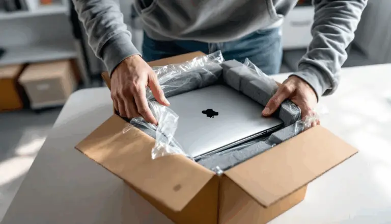 A remote worker is carefully packing a laptop into secure packaging, ensuring it is protected with appropriate shipping materials for a hassle-free return process. This image highlights the importance of data security and proper handling of IT assets during laptop returns.