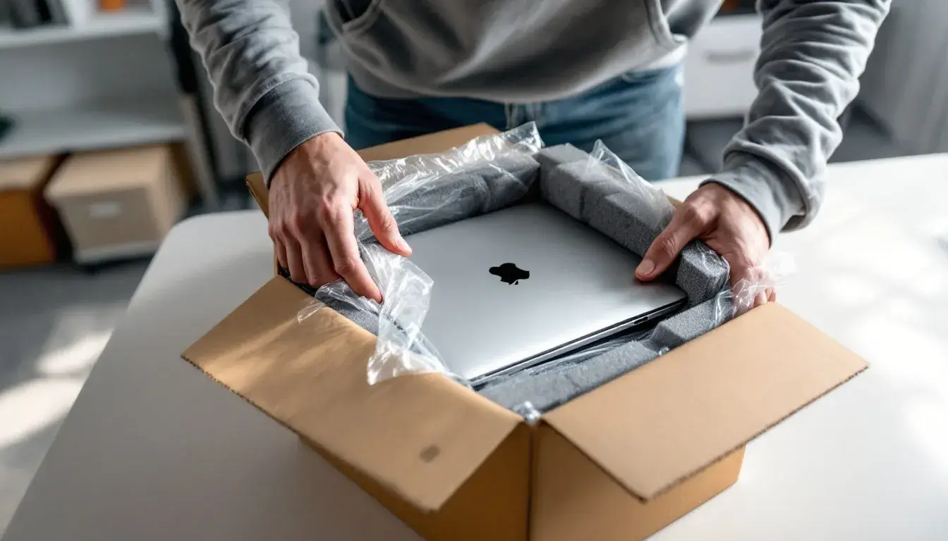 A remote worker is carefully packing a laptop into secure packaging, ensuring it is protected with appropriate shipping materials for a hassle-free return process. This image highlights the importance of data security and proper handling of IT assets during laptop returns.
