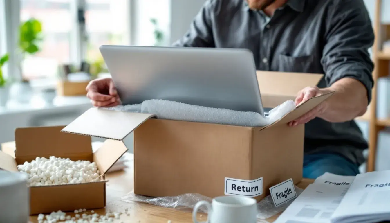 A remote worker is seen carefully packing a laptop into secure packaging, using appropriate shipping materials to ensure safe returns and protect sensitive data during the laptop return process. This image emphasizes the importance of data security and effective management of IT assets for hassle-free laptop retrieval services.