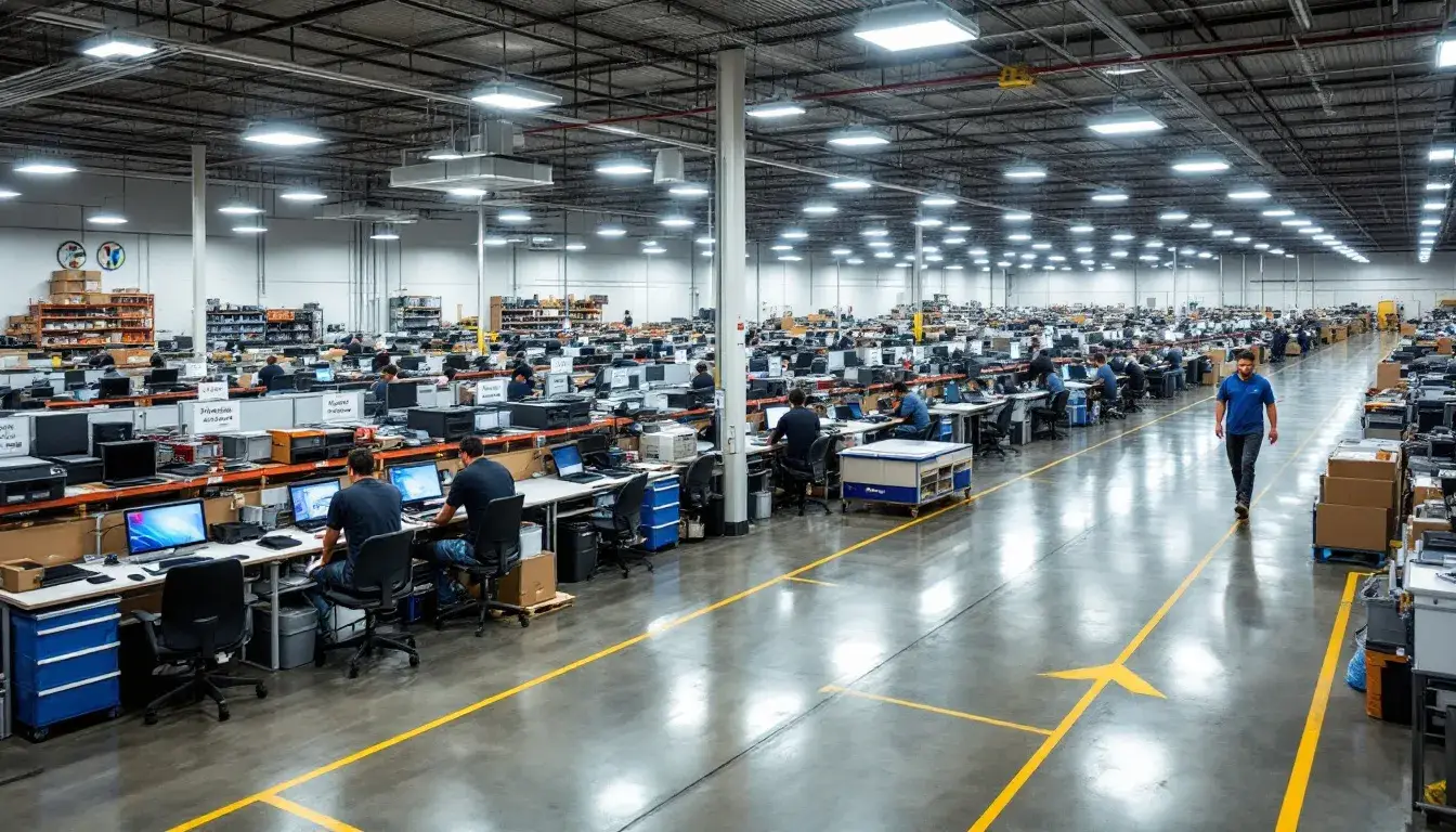 In the warehouse facility, organized workstations are set up for processing laptop returns, featuring employees efficiently managing the retrieval of IT assets from remote workers. The area is equipped with boxes for returned laptops and tools for ensuring data security and compliance throughout the employee laptop return service.