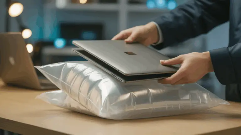“A_returns_process_moment_a_technician_placing_a_returned_laptop_into_an_air_cushion_envelope_with-0 (1)
