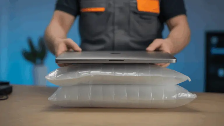 A_returns_process_moment_a_technician_placing_a_returned_laptop_into_an_air_cushion_envelope_with