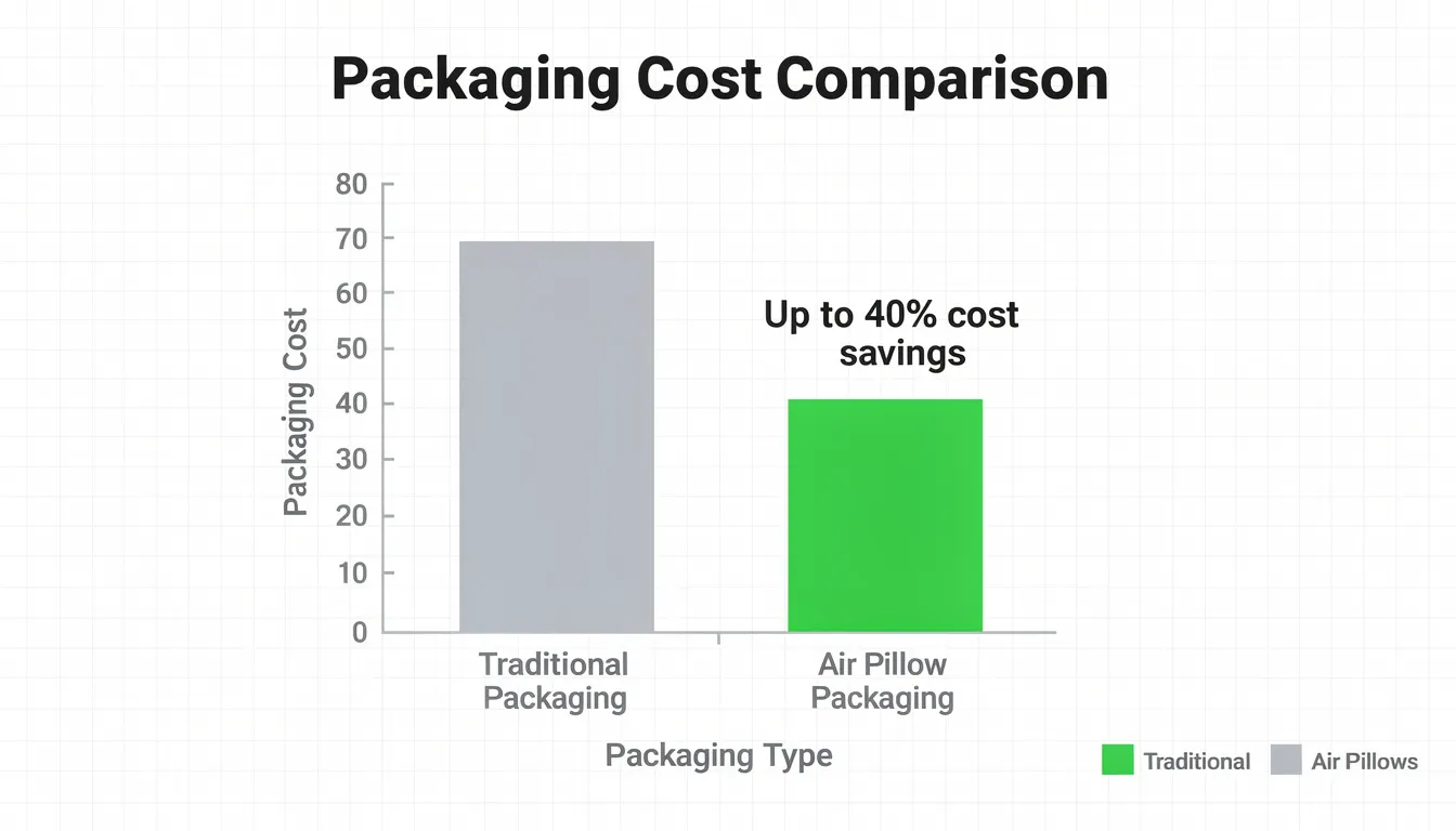 The image depicts a cost comparison chart illustrating the savings of using air pillow packaging, such as inflatable air pillows, versus traditional materials like packing peanuts and paper. The chart highlights factors like speed, space efficiency, and sustainability in protective packaging for shipping supplies.