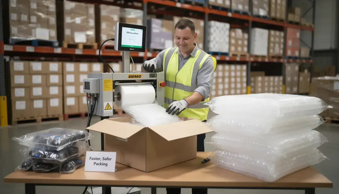 A warehouse worker is efficiently operating an air cushion machine, producing air pillows designed for protective packaging. This versatile system helps to fill voids in shipping boxes, ensuring delicate items are securely cushioned during transportation.