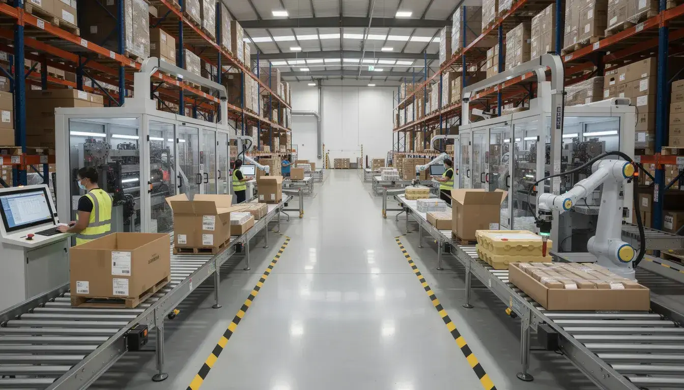 The image depicts a modern warehouse equipped with advanced protective packaging systems in operation, showcasing various packaging materials like foam packaging, bubble wrap, and air pillows designed to protect fragile items during shipping. The facility highlights the latest innovations in product protection, ensuring efficient handling and reduced shipping costs for businesses.