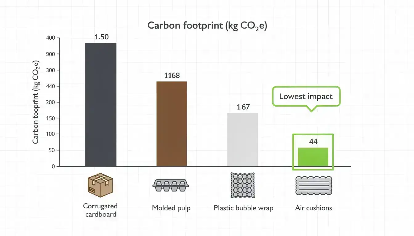 The image features a comparative chart illustrating the carbon footprint of various packaging materials, highlighting that inflatable solutions, such as air pillows and sealed air, have the lowest environmental impact. This visual emphasizes the efficiency and sustainability of protective packaging options in shipping and transit, showcasing their role in reducing damage and improving product protection.