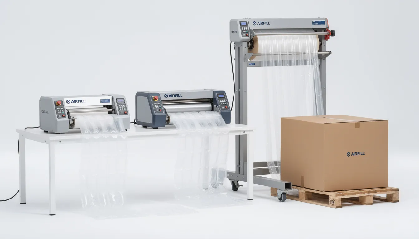 The image showcases various AIRFILL air pillow machines, ranging from compact desktop models to larger industrial versions, designed for creating inflatable air pillows used in protective packaging for shipping supplies. These machines efficiently produce air cushion film, ensuring goods are securely packed and protected during transit.