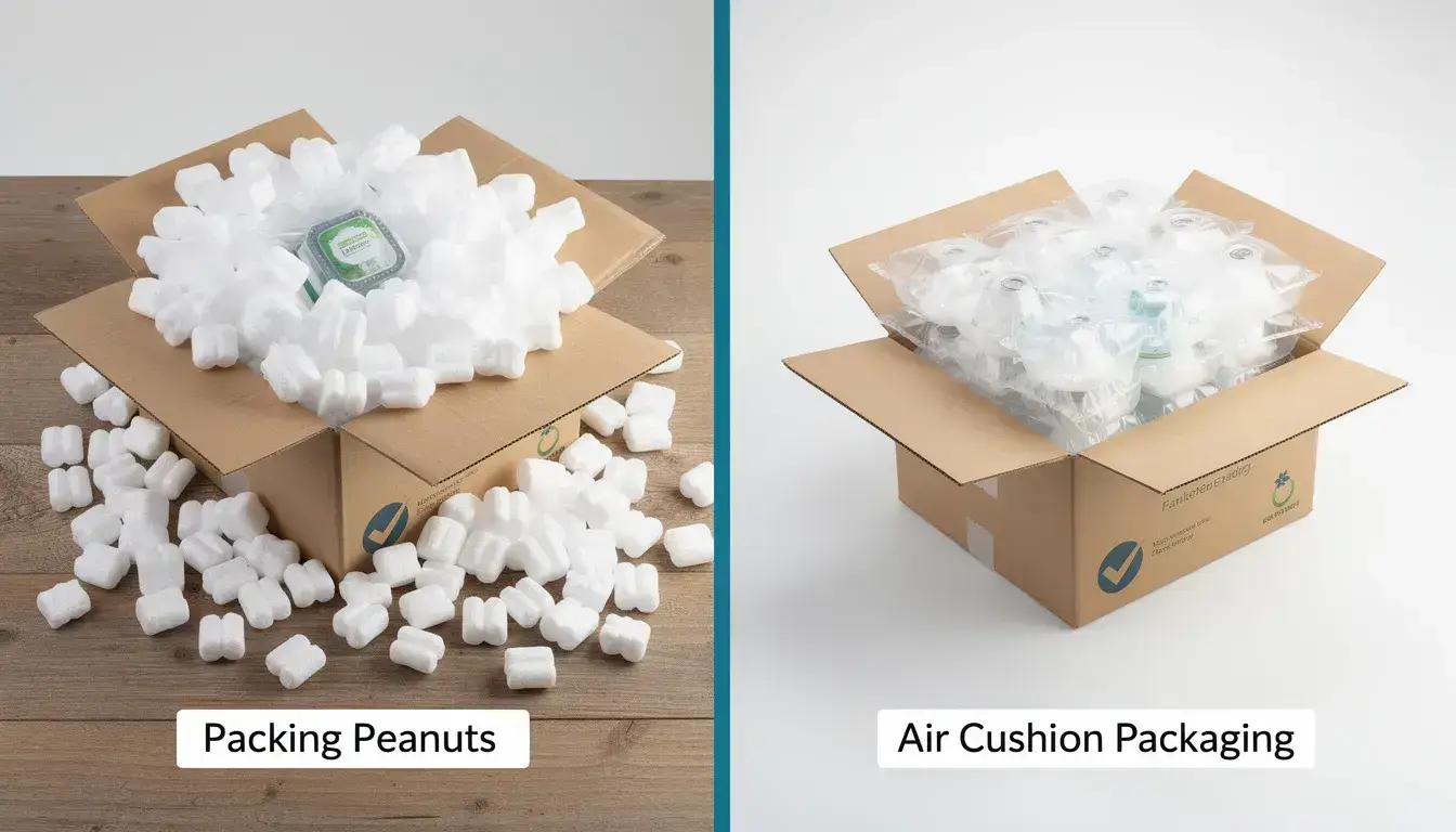 The image compares traditional packing peanuts with modern inflatable air cushion packaging, highlighting the efficiency and protective qualities of air pillows as a sustainable solution for shipping. It emphasizes how these inflatable solutions reduce damage during transit while minimizing the carbon footprint compared to conventional materials.