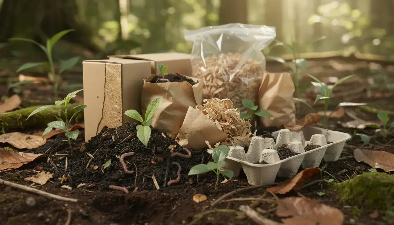 The image depicts eco-friendly packaging materials, such as compostable packing peanuts and bubble wrap, being naturally decomposed in a serene outdoor setting. This scene highlights sustainable practices in protective packaging, emphasizing the importance of environmentally friendly solutions for product protection.