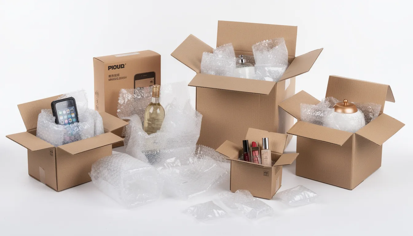 The image shows various products securely protected with air pillows inside shipping boxes, illustrating the versatile applications of air cushion film for safe packing. The air-filled cushions effectively minimize the risk of damage during shipping by providing shock absorption and void fill.