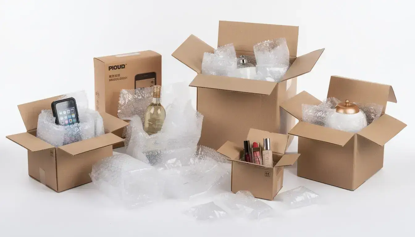 The image shows various products securely protected with air pillows inside shipping boxes, illustrating the versatile applications of air cushion film for safe packing. The air-filled cushions effectively minimize the risk of damage during shipping by providing shock absorption and void fill.