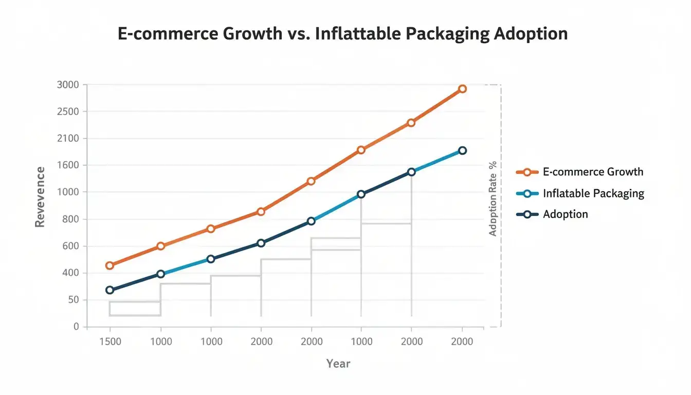 The image depicts a graph illustrating the correlation between e-commerce growth and the adoption rates of inflatable packaging solutions, highlighting how protective packaging like air pillows and void fill can improve shipping efficiency and reduce product damage during transit. The graph features a line chart with two axes, one representing the growth in online sales and the other showing the increasing demand for sustainable packaging materials.