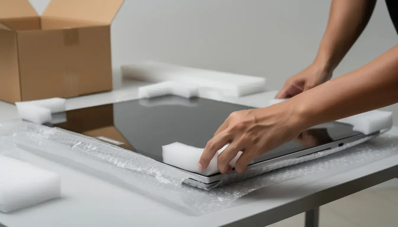 The image shows hands carefully placing protective corner guards on a flat screen monitor, ensuring safe transport with effective packaging supplies for shipping. The attention to detail highlights the importance of using durable materials to protect valuable items during delivery.