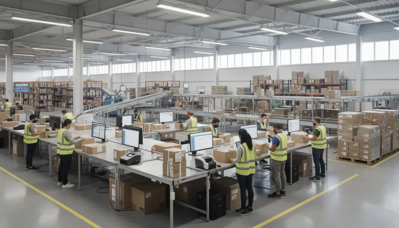 The image depicts a modern e-commerce fulfillment center where workers are actively packing orders at various stations, utilizing custom packaging for products like glass bottles and juice boxes. The environment showcases a creative and efficient approach to product packaging, emphasizing sustainability and quality to meet customers' needs.