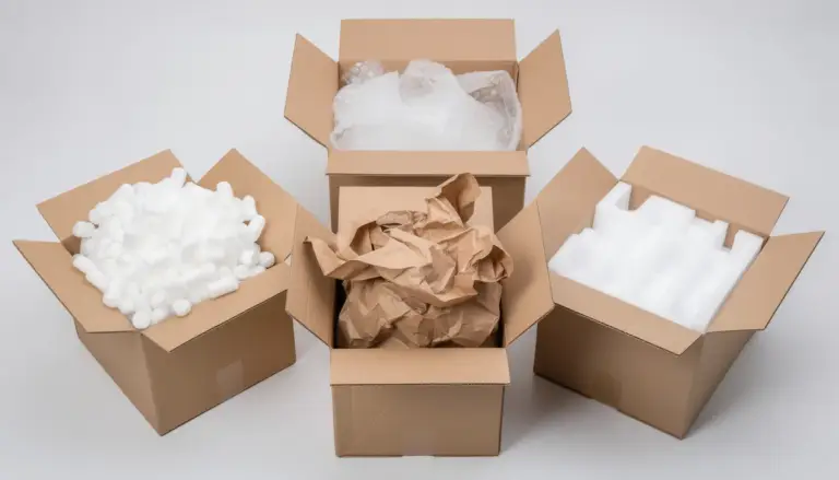 The image shows several boxes filled with various types of packaging materials, including air pillows and void fill, demonstrating the different options available for shipping products. These materials are designed to protect items during transit, catering to customer demand for secure packaging solutions.