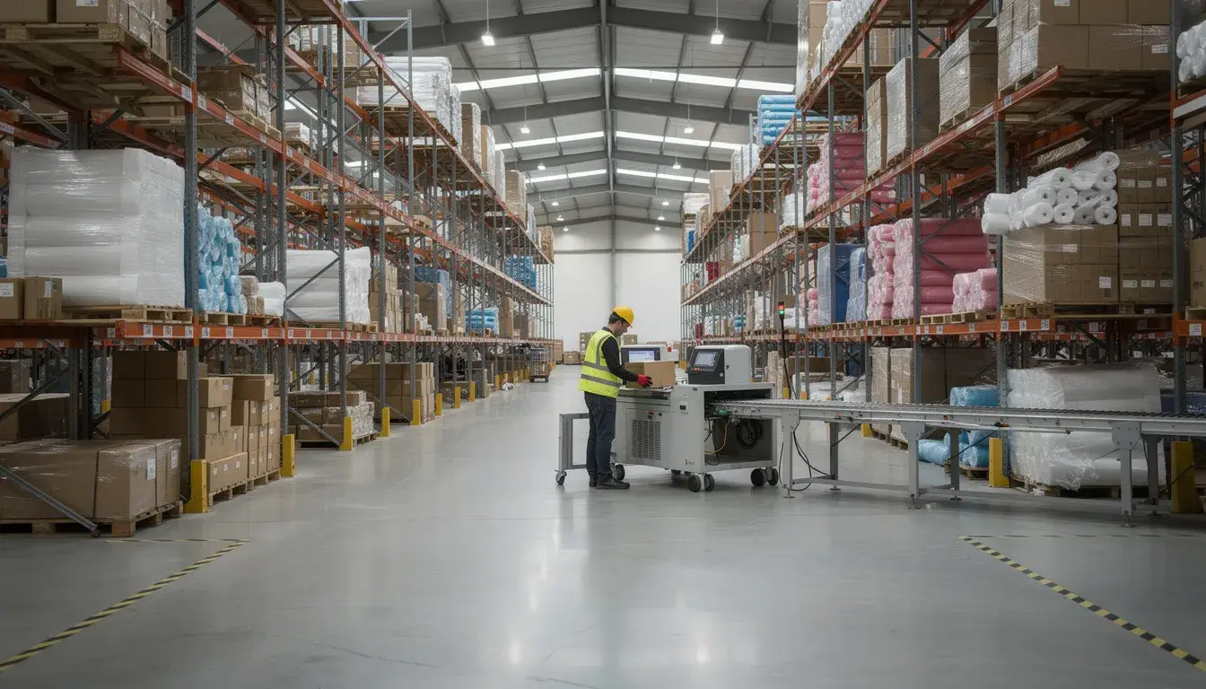 The image depicts a warehouse interior with neatly organized shelving filled with pallets of packaging materials, including void fill and air pillows, while a worker is operating packing equipment to prepare items for shipment to customers. Various boxes and products are visible, indicating a busy environment focused on fulfilling demand and ensuring packages are ready for mail delivery.