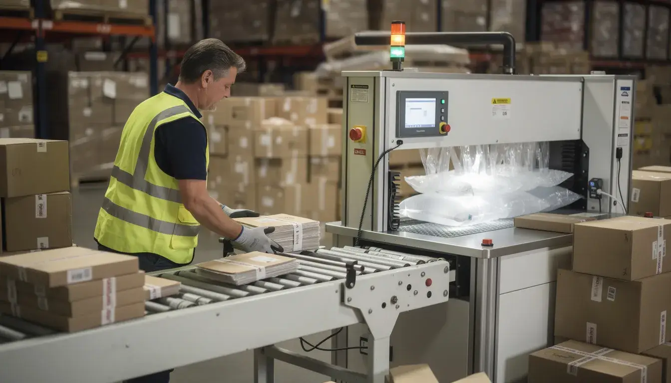 A warehouse worker is operating an auto inflation machine at a packing station, preparing custom packaging for glass bottles and juice boxes. The scene showcases a modern approach to product packaging, emphasizing efficiency and quality in creating a complete packaging design for customers.