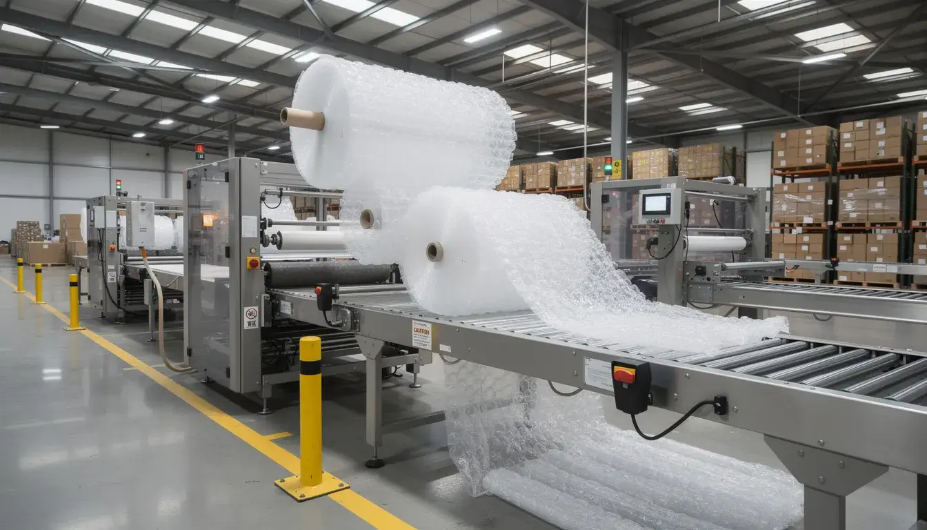 The image shows industrial packaging machinery efficiently operating in a modern warehouse, surrounded by rolls of air cushions and various packaging supplies. This setup highlights the use of durable materials for shipping and void fill, showcasing a business environment focused on effective packaging solutions.