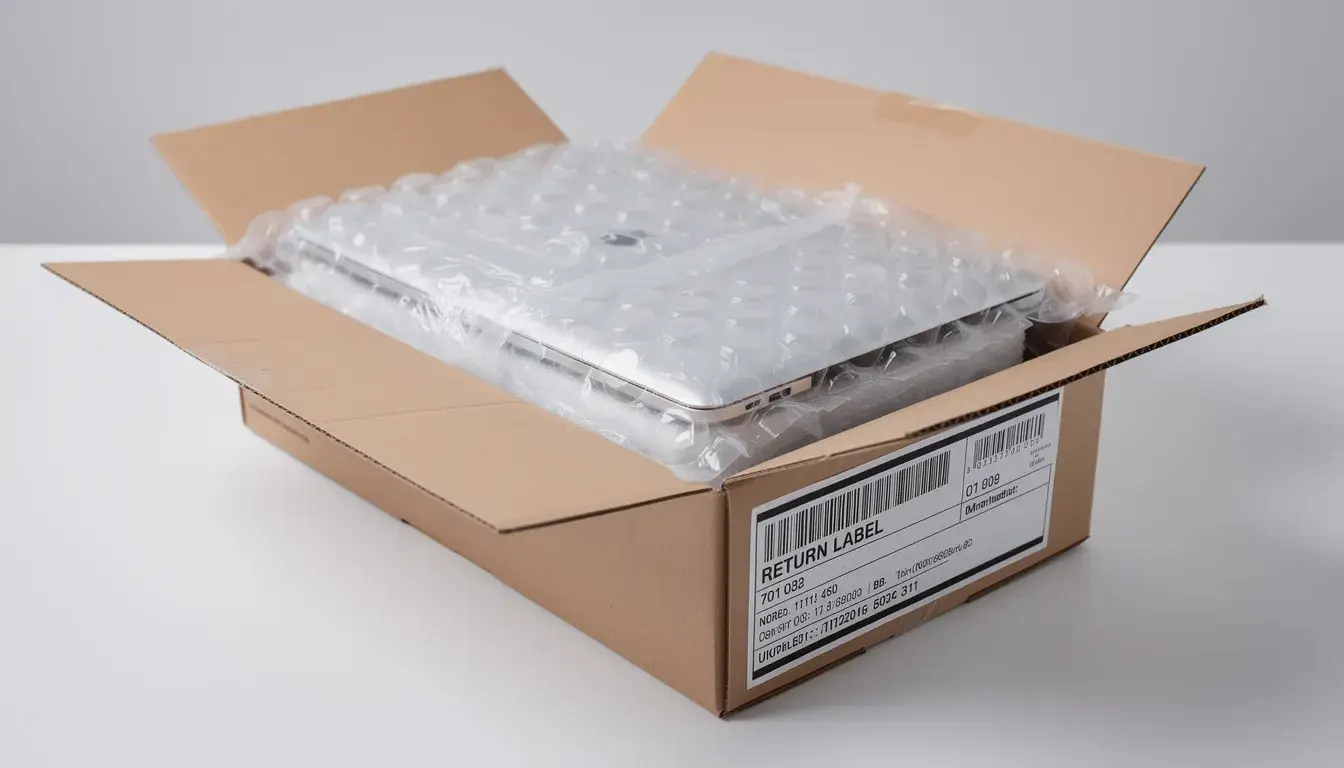 A laptop computer is securely nestled inside protective air cushion packaging, with a visible return label, showcasing a modern approach to product packaging that ensures quality and safety for customers. The creative design highlights the importance of eco-friendly materials while providing a complete and convenient solution for shipping.