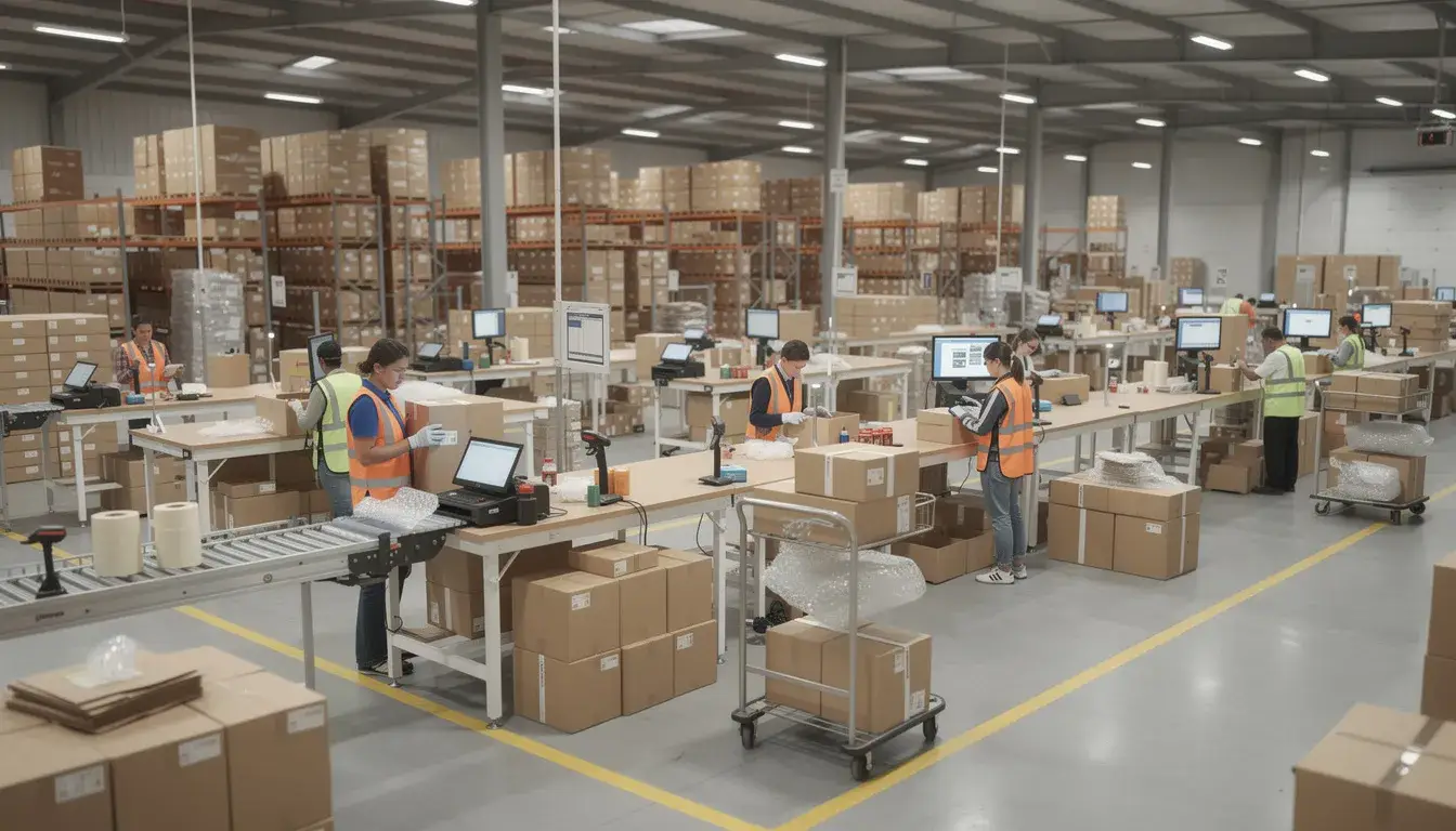 The image depicts a bustling warehouse fulfillment center filled with workers efficiently packing items at various stations, surrounded by a variety of shipping boxes and packaging supplies, including durable stretch wrap and custom printed labels. This environment showcases the dynamic process of preparing goods for delivery, highlighting the importance of packaging products and materials in business operations.