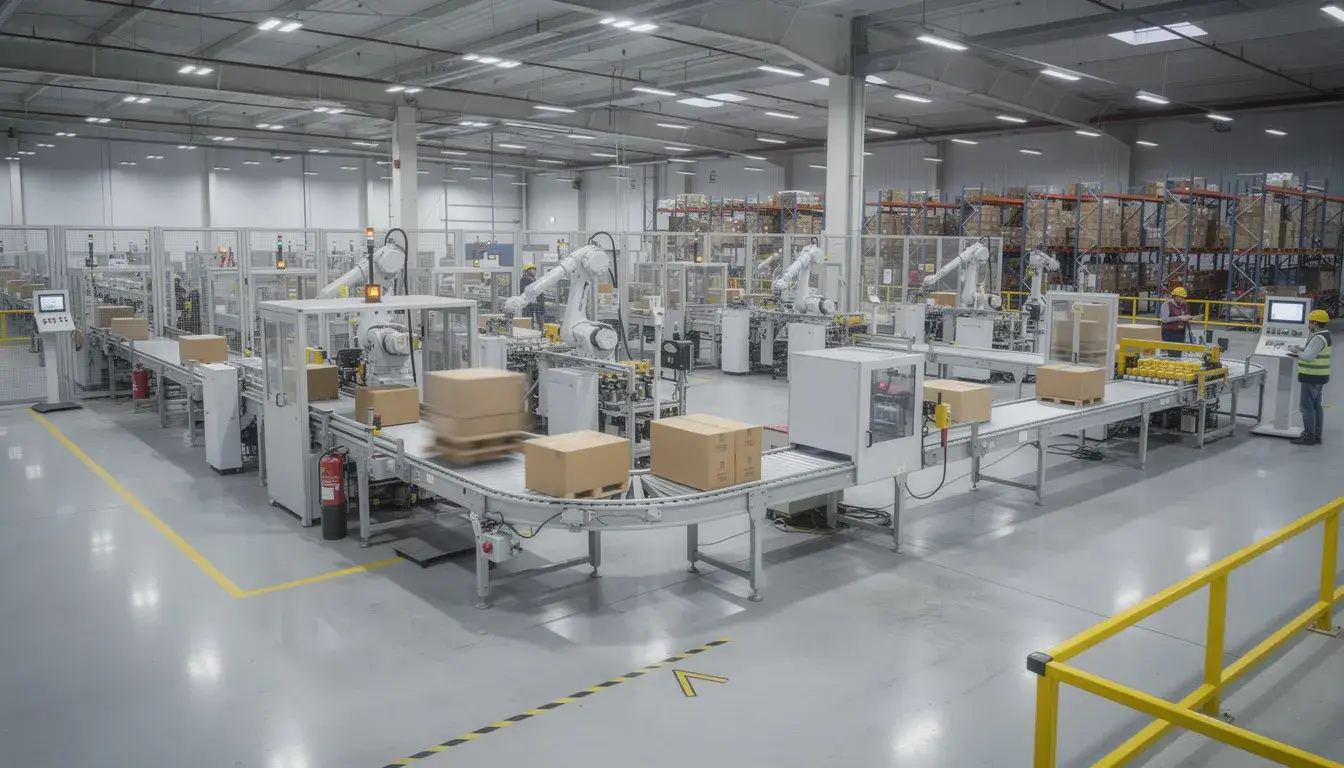 The image depicts automated packaging machinery in a modern warehouse facility, efficiently preparing shipping boxes for laptops and other devices. The machinery is designed to ensure secure packing with features like bubble wrap and foam inserts, providing extra protection during transit.