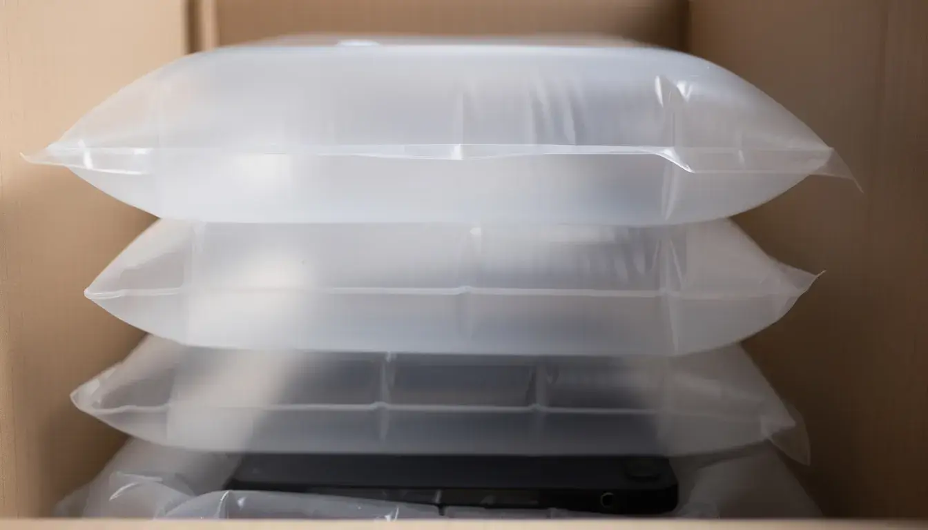 The image shows a close-up view of translucent inflatable air pillows stacked inside a cardboard shipping box, providing void fill to protect an electronic device during shipping. This packaging ensures that items are secure and cushioned for customers receiving their products through mail.