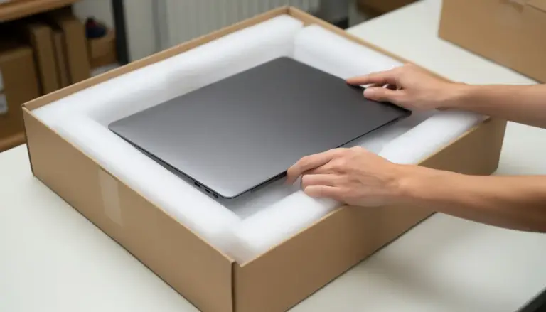 The image depicts a laptop being carefully placed into a protective shipping box, surrounded by foam inserts for extra protection during transit. The secure packaging ensures the device arrives safely, minimizing the risk of damage.