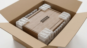 Hyper-realistic commercial product photography. A large open cardboard shipping box f 640493