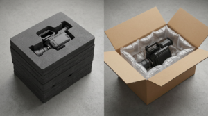 Hyper-realistic product photography, split composition on a neutral gray surface. Lef 640493