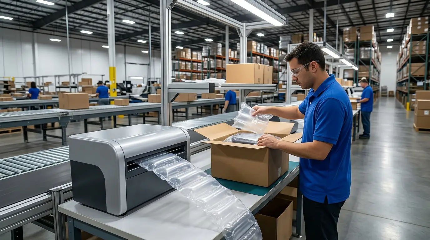 Hyper-realistic wide-angle photograph of a modern warehouse fulfillment center interi 640493