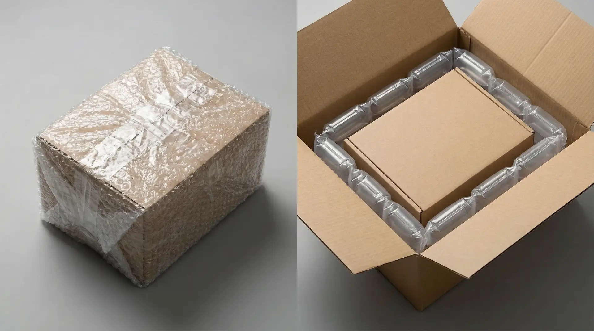 Hyper-realistic product photography, split composition on a clean neutral gray surfac 739387