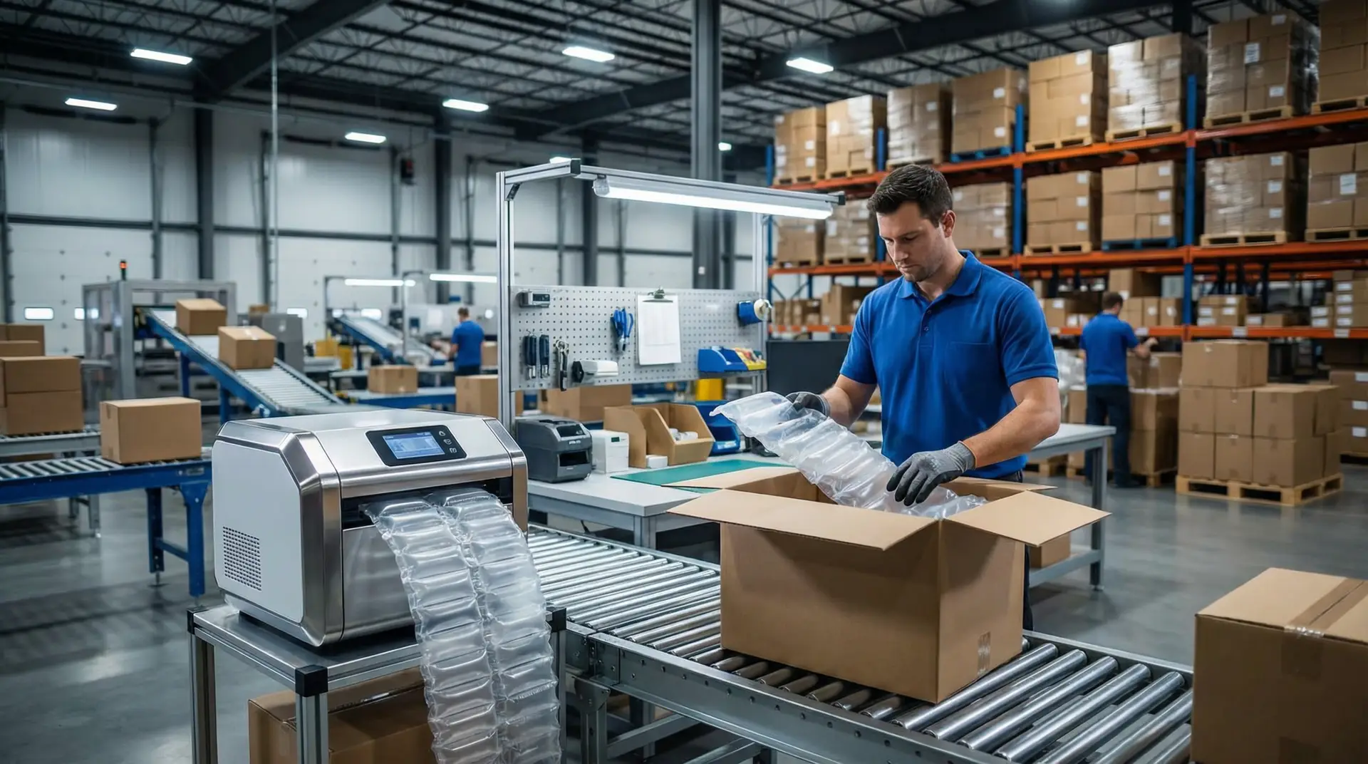 realistic wide-angle photograph of a modern warehouse fulfillment center interi 739387