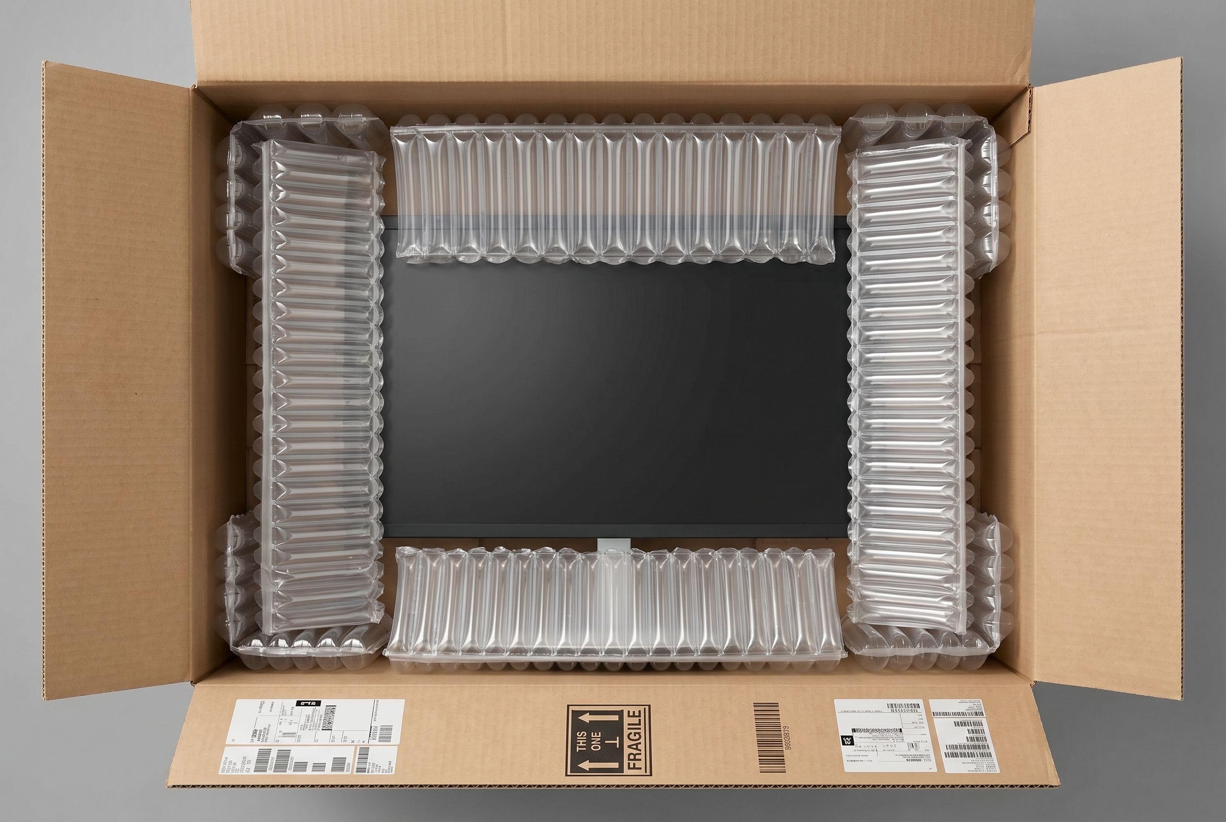 Clear air cushions protecting a fragile product inside a shipping box