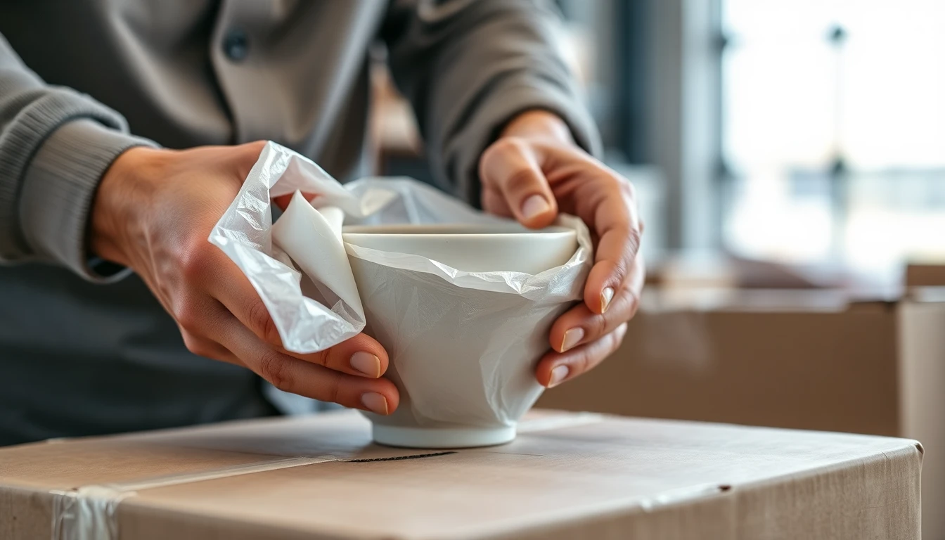 Hands wrapping a fragile item before placing it in a shipping box